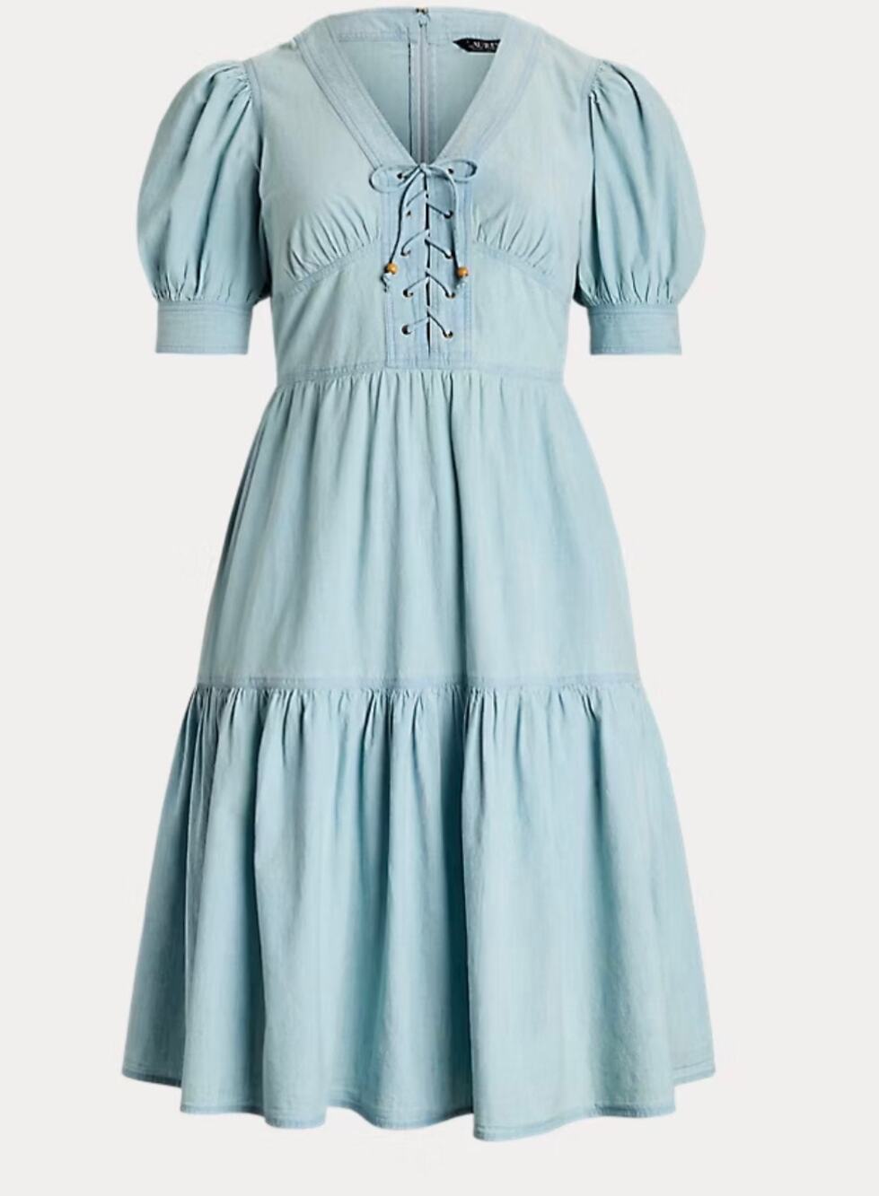 Lauren Ralph Lauren Chambray Puff Sleeve Lace-Up Midi Dress NWT Size 6